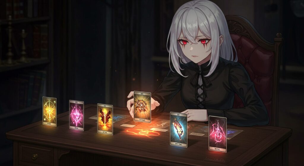 『魔女と猟犬』の今後の展開を象徴する画像。7枚のタロットカードを前に、未来を占うかのように座る白髪赤目の魔女