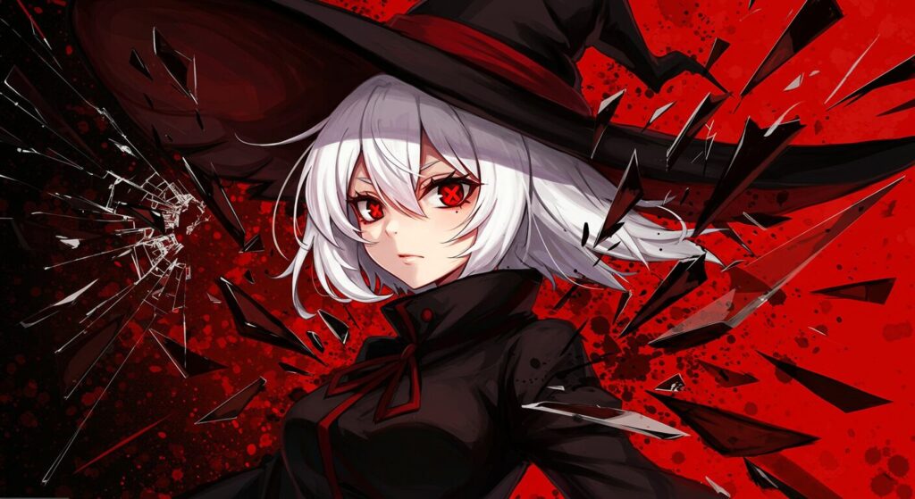 イラストレーターLAM氏の作風を象徴する画像。赤と黒の背景に、シャープな線で描かれた白髪赤目の魔女がスタイリッシュに描かれている