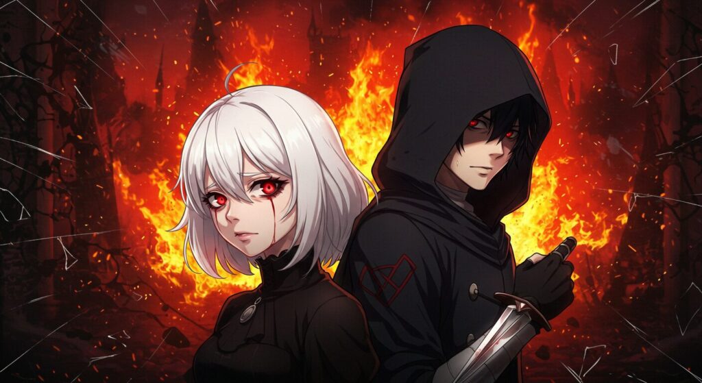 『魔女と猟犬』のあらすじを象徴する画像。燃え落ちる城を背景に、白髪赤目の魔女と黒いフードの暗殺者の少年が背中合わせに立つ
