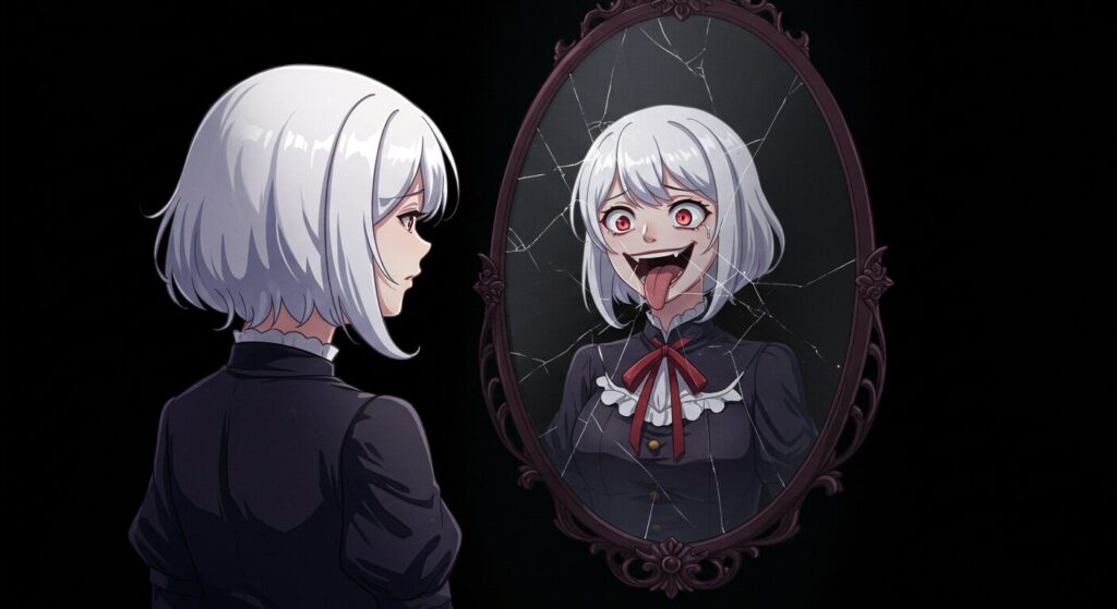 『魔女と猟犬』のヒロイン、テレサリサの二面性を表す画像。物憂げな表情で鏡を見つめると、鏡の中の自分は狂気的に笑っている