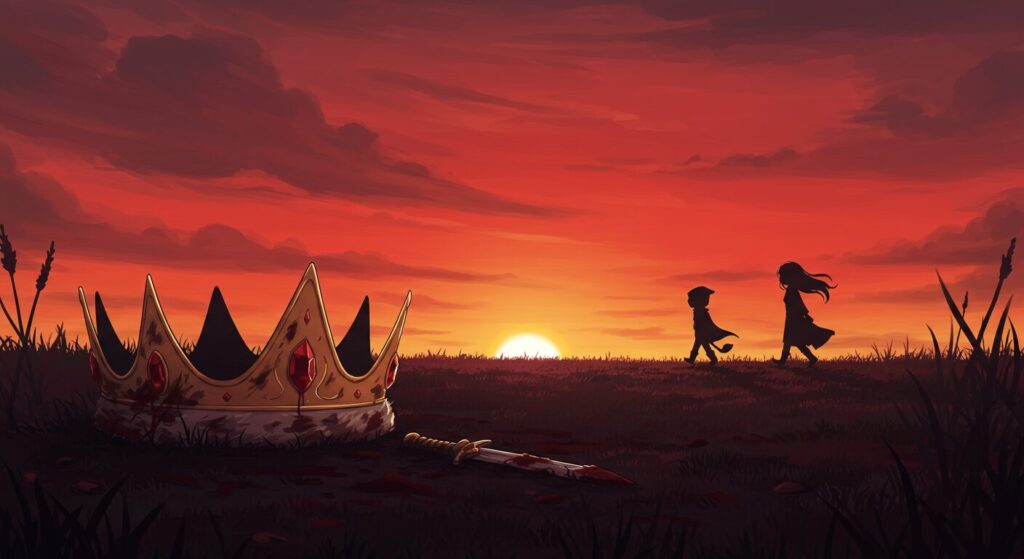 『魔女と猟犬』1巻の結末を象徴する画像。荒野に落ちた王冠と、夕日へ向かう魔女と猟犬のシルエット