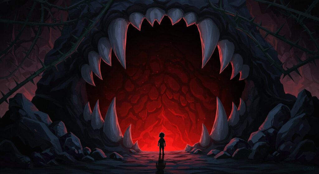 『魔女と猟犬』の挑戦的な世界観を象徴する画像。獣の顎のような形をした、巨大で不気味な迷宮の入り口に立つ一人の少年