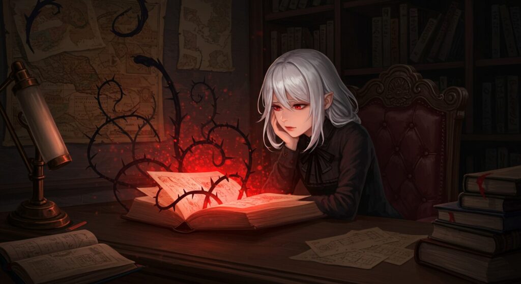 『魔女と猟犬』の世界観を象徴する画像。古い童話の本を開くと、中から茨や影が伸びてくるのを、白髪赤目の魔女が静かに見つめている