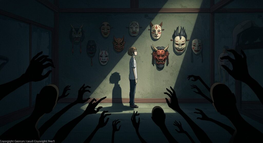 『すみれ荘ファミリア』の登場人物たちの二面性を象徴する画像。主人公が複数の仮面を見つめ、足元には不気味な影が伸びている