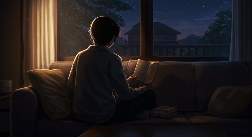 『すみれ荘ファミリア』を読んだ後の「ゾッとする」読後感をイメージした画像。本を閉じて物思いにふける人物の後ろ姿