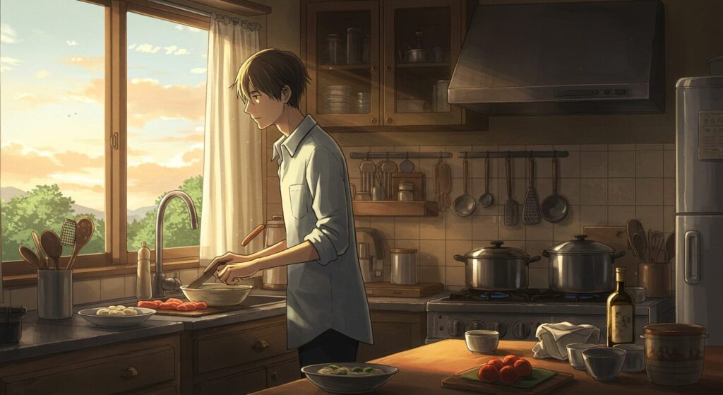 『すみれ荘ファミリア』の主人公・和久井一悟が下宿のキッチンで穏やかに料理をする様子