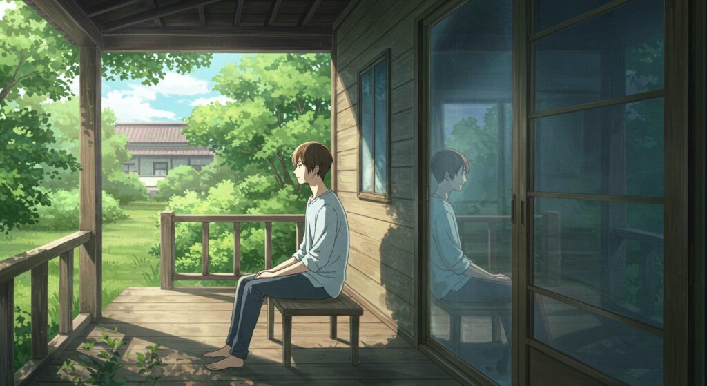 『すみれ荘ファミリア』のイヤミスな世界観を象徴する画像。縁側で物憂げに座る主人公とガラスに映る不穏な表情が作品の二面性を示している