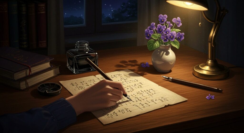 作家・凪良ゆうの世界観を象徴する画像。夜の書斎で、万年筆とスミレの花が置かれた机の上が描かれている