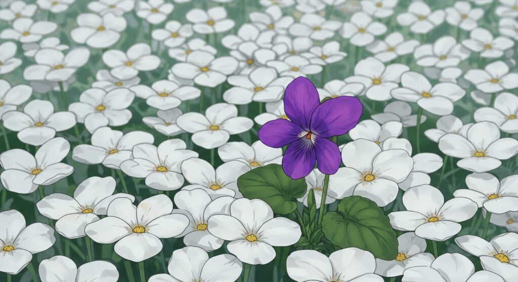 凪良ゆう作品の「普通」を問うテーマを象徴する画像。白い花畑の中に咲く、一輪だけの紫のスミレ