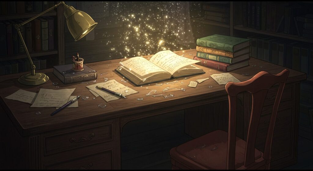 ライトノベル作家の書斎をイメージしたイラスト。机の上の書きかけの原稿や本から光が放たれ、物語の創作活動を象徴している