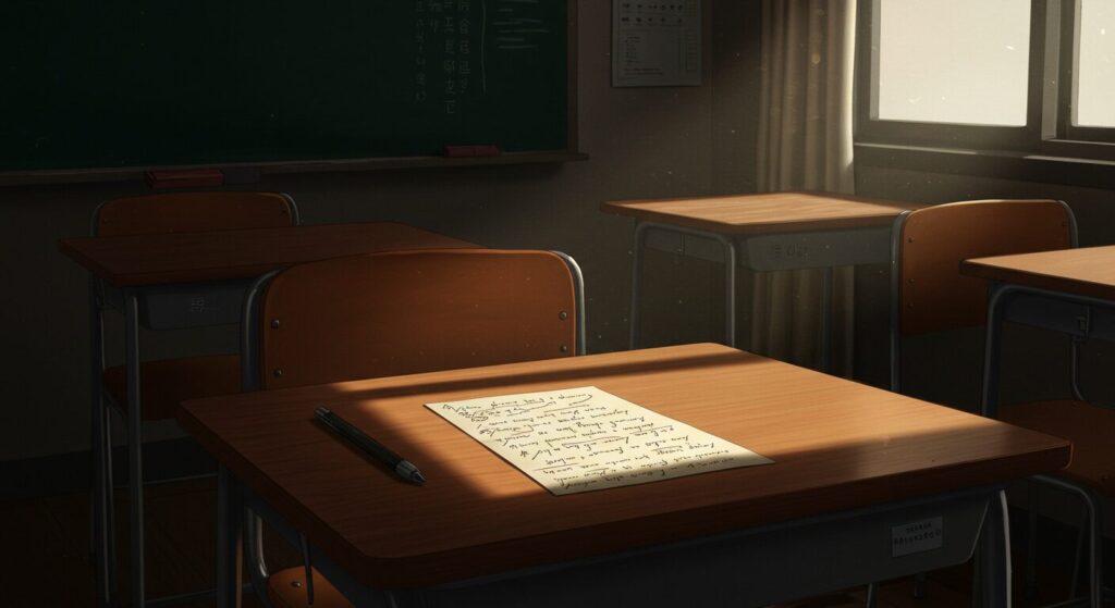 ライトノベル『ただ、それだけでよかったんです』の物語の始まりを象徴するイラスト。薄暗い教室の机に置かれた一通の遺書
