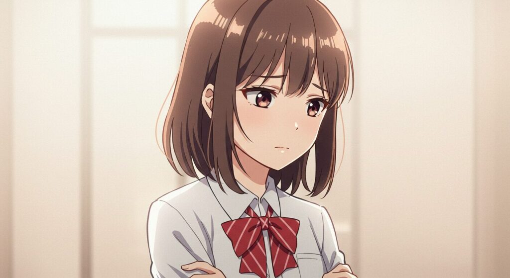 『ただ、それだけでよかったんです』の登場人物、岸谷香苗のイラスト。弟の死の真相を追い、思い悩むシリアスな表情をしている