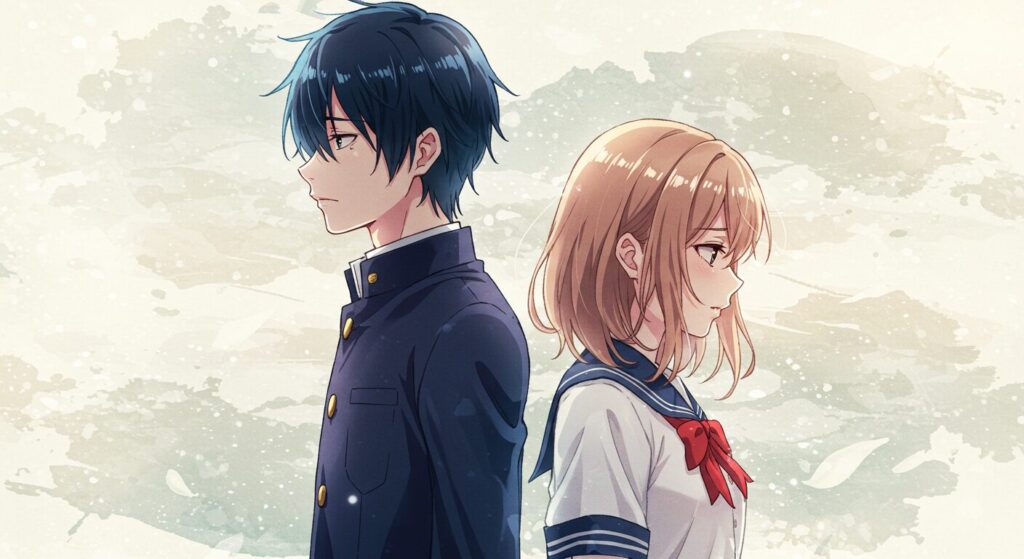 ライトノベル『ただ、それだけでよかったんです』の登場人物、菅原拓と岸谷香苗が背中合わせに立つイラスト。二人の複雑な関係性を象徴した、メランコリックで美しい雰囲気