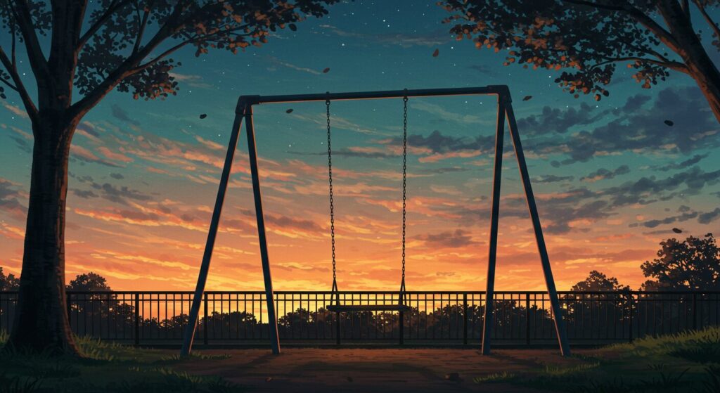 『ただ、それだけでよかったんです』の読後感を象徴するイラスト。夕暮れの公園で、一つのブランコが寂しげに揺れている