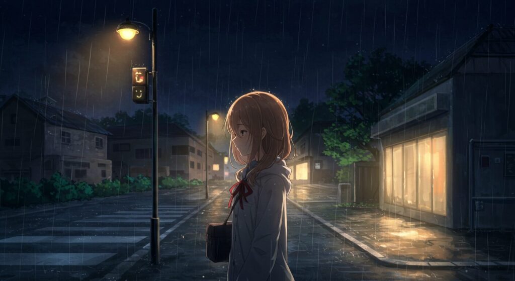 ライトノベル『ただ、それだけでよかったんです』の登場人物、岸谷香苗が雨の中で一人佇むイラスト。作品の持つ重く切ない雰囲気を象徴している