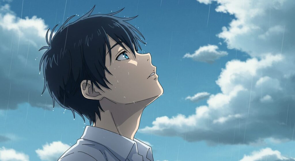 『ただ、それだけでよかったんです』の主人公、菅原拓が雨上がりの空を見上げるイラスト。物語の読後にある僅かな希望を象徴している