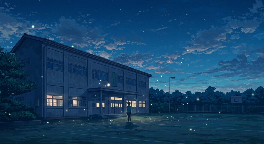 ライトノベル『ただ、それだけでよかったんです』の世界観を象徴する、夕暮れの中学校のイラスト。校庭に一人佇む生徒の後ろ姿が描かれ、メランコリックで幻想的な雰囲気が漂う
