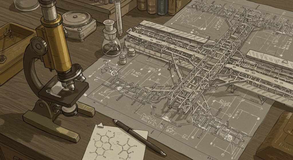SF小説『横浜駅SF』の作者、柞刈湯葉先生の創作の背景を象徴するイラスト。研究室の机に、顕微鏡とSF的な設計図が並んでいる
