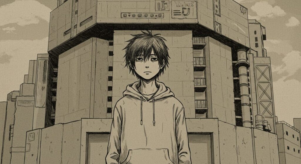 SF小説『横浜駅SF』の主人公ヒロト。退廃的な巨大建築物を背景に、虚無的な表情で佇んでいる
