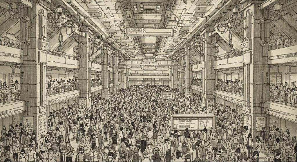 SF小説『横浜駅SF』の管理社会「エキナカ」を象徴するイラスト。無数の人々が巨大な駅構内を同じ方向へ歩いている