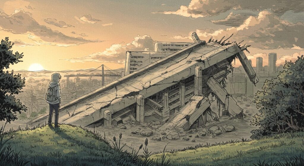 SF小説『横浜駅SF』の読後の余韻を象徴するイラスト。主人公ヒロトが、崩壊し始めた駅の風景を丘の上から静かに眺めている