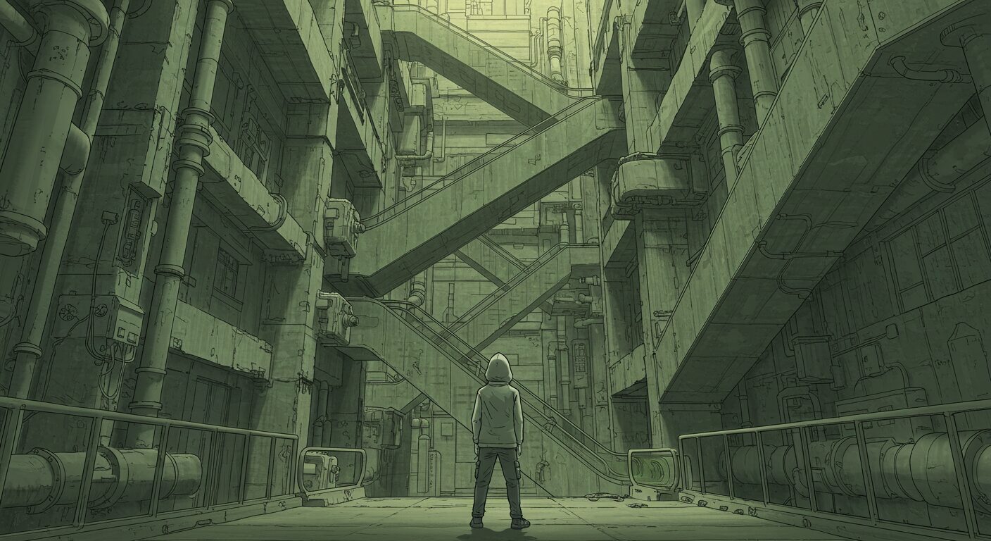 SF小説『横浜駅SF』をイメージしたイラスト。無限に増殖する退廃的な巨大建築物の中に、フードを被った少年が一人佇んでいる