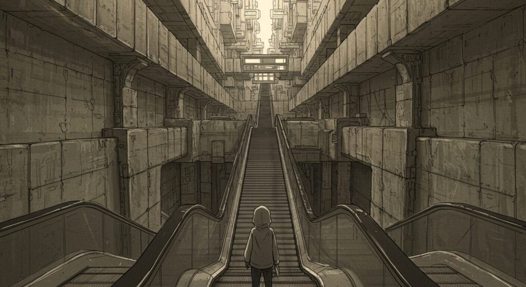 SF小説『横浜駅SF』の主人公ヒロトが、薄暗いエスカレーターを上り、自己増殖を続ける巨大な駅構内へと足を踏み入れる場面のイラスト