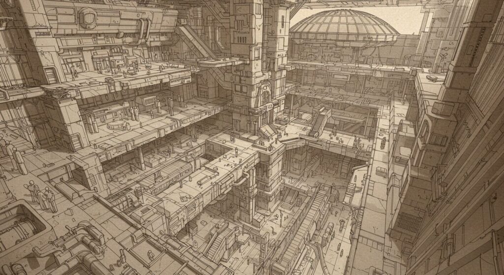 SF小説『横浜駅SF』の壮大な世界観を象徴するイラスト。巨大な駅の構造物の上層から、複雑に広がる下の階層を見下ろしている