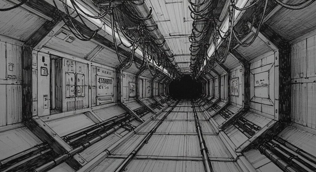 SF小説『横浜駅SF』の謎や伏線を象徴するイラスト。巨大な駅の通路の奥が暗闇に包まれており、先が見えない