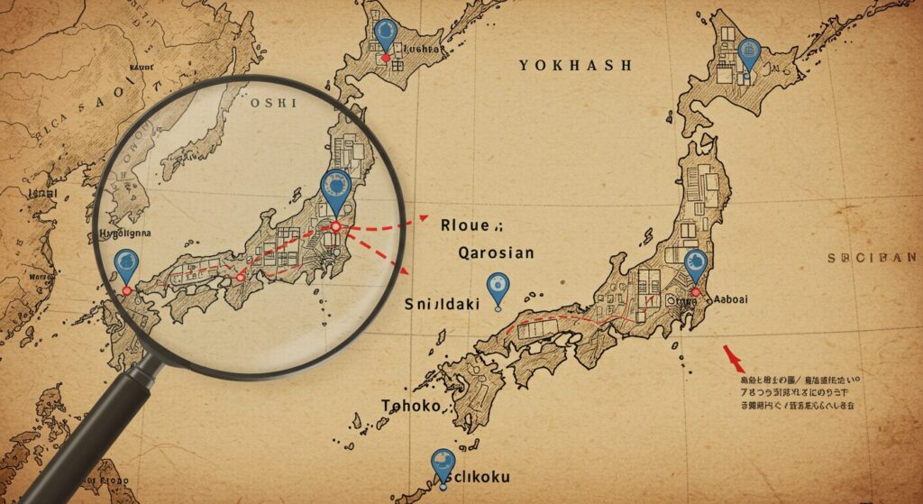 SF小説『横浜駅SF』とその外伝『全国版』の関係性を示す概念的なイラスト。日本の地図上に、本編のルートと外伝で語られる各地のエピソードが示されている