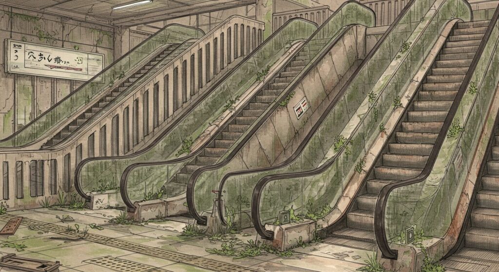 SF小説『横浜駅SF』の「停滞」を象徴するイラスト。巨大な駅構内で、エスカレーターが錆びついて止まっている