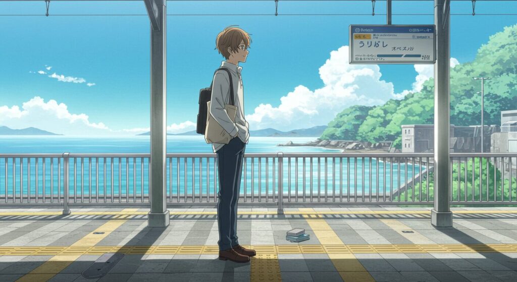 朝日の差す駅のホームで、大人びた青年「優海」が静かにたたずむイラスト。続編『明日の世界が君に優しくありますように』の雰囲気を象徴している