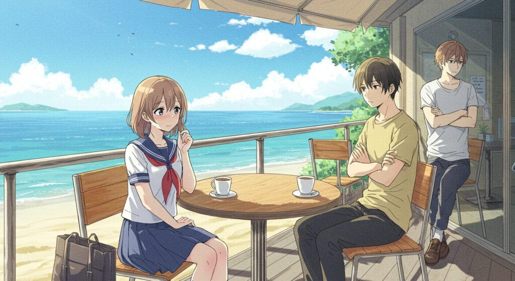 『明日の世界が君に優しくありますように』の主要登場人物、真波、漣、ユウの三人が海辺の喫茶店で穏やかに過ごしている