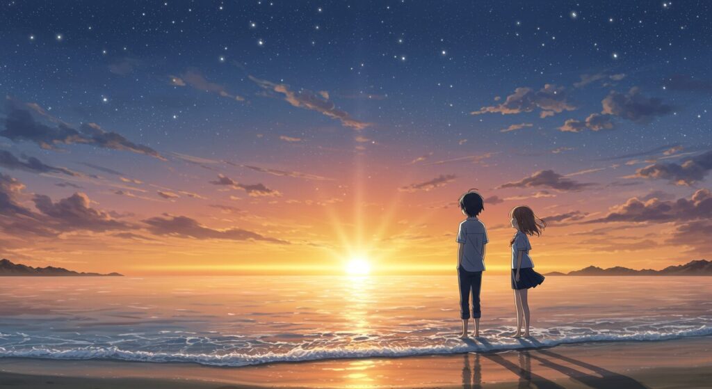 『明日の世界が君に優しくありますように』の希望に満ちたラストシーンを象徴する画像。主人公の真波と漣が、朝焼けの海を穏やかな表情で見つめている