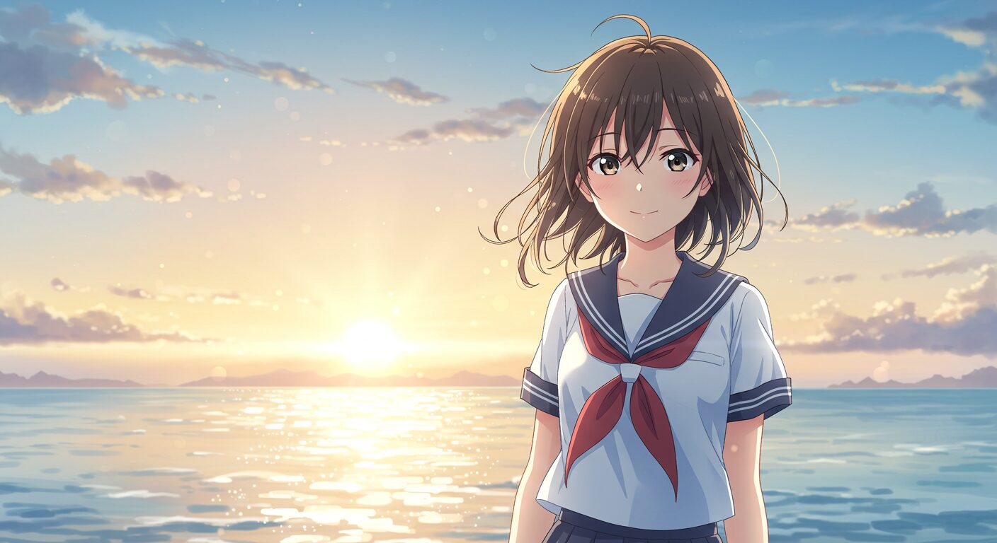 『明日の世界が君に優しくありますように』のアイキャッチ画像。朝焼けの海を背景に、希望に満ちた表情で前を向くセーラー服の少女・真波