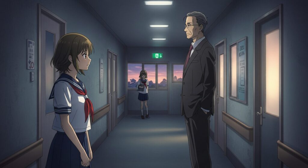『明日の世界が君に優しくありますように』の家族の和解を象徴するシーン。主人公・真波と父親が、夕暮れの病院の廊下で向き合っている