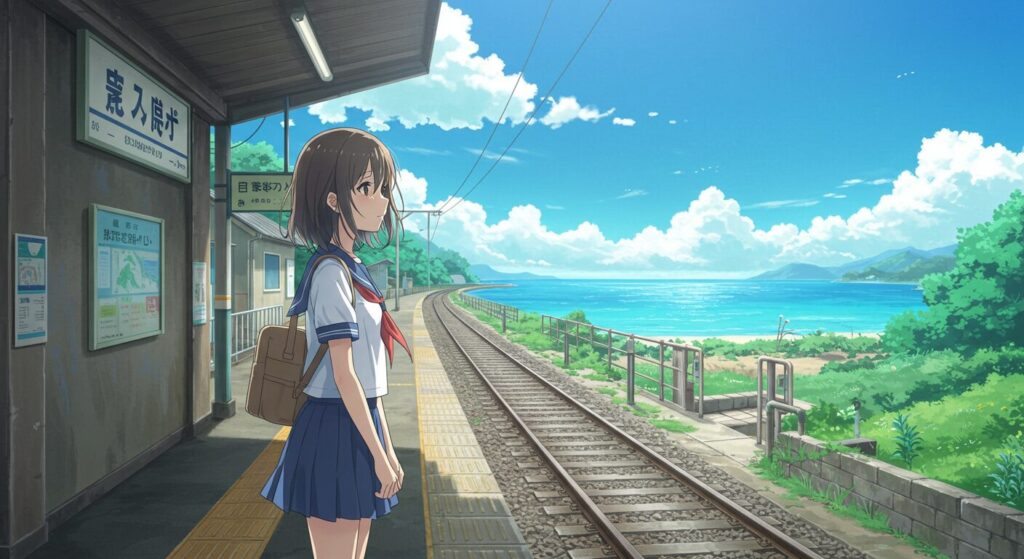 『明日の世界が君に優しくありますように』の主人公・真波が、物語の舞台となる海辺の町の駅に降り立ち、希望と不安の入り混じった表情で遠くを見つめているシーン
