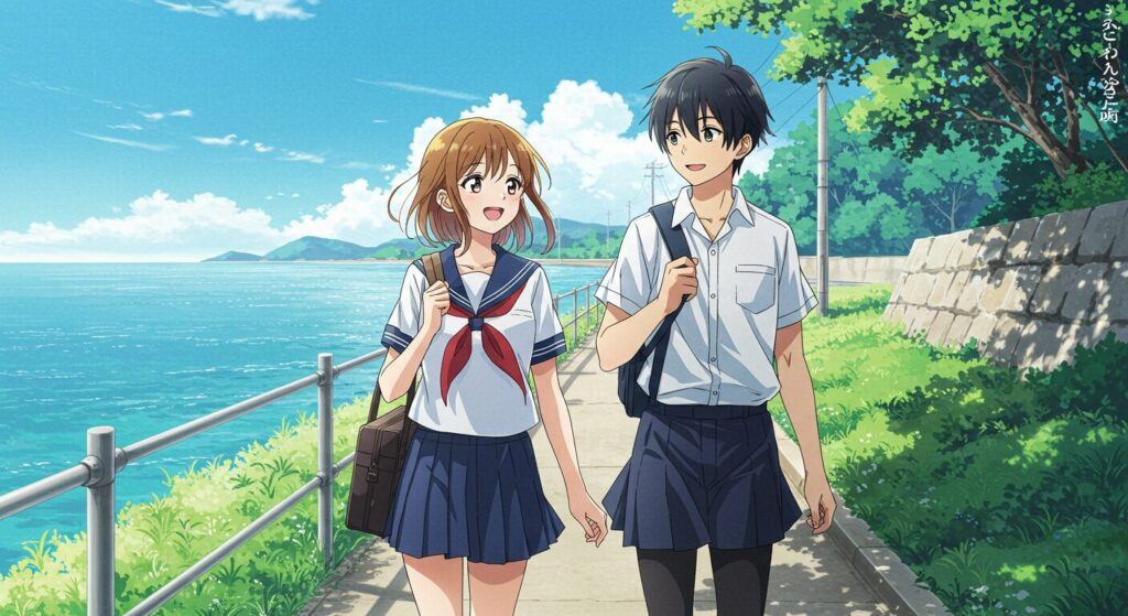 『明日の世界が君に優しくありますように』の温かい雰囲気を象徴するイラスト。主人公の真波と漣が海辺の道を笑顔で歩いている