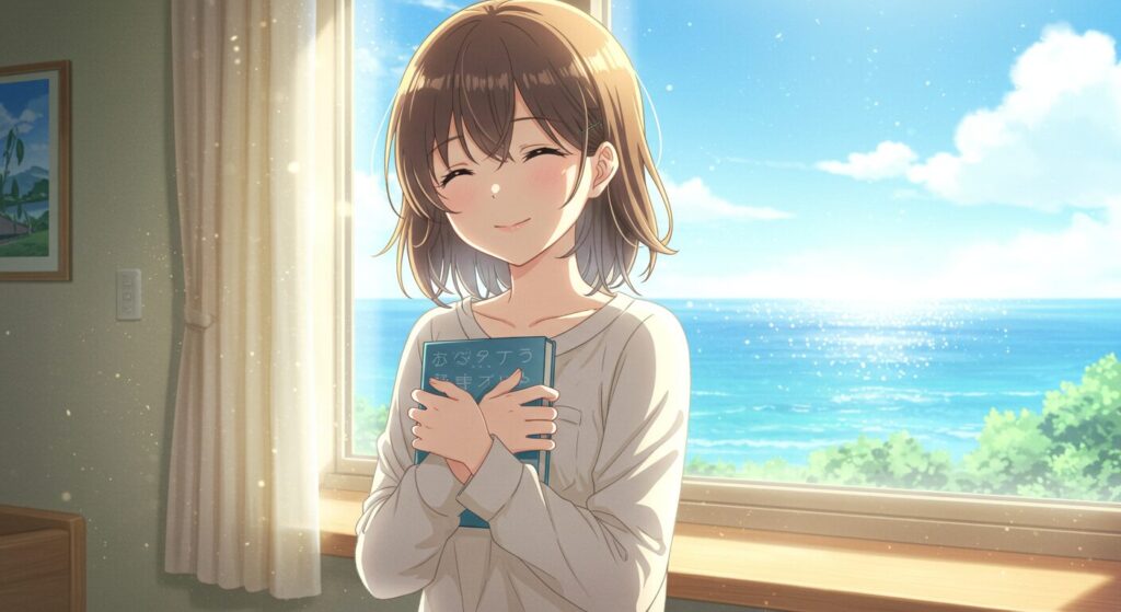 『明日の世界が君に優しくありますように』を読んだ後の感動の余韻に浸るシーン。主人公・真波が海が見える部屋で本を胸に抱き、穏やかな表情で微笑んでいる