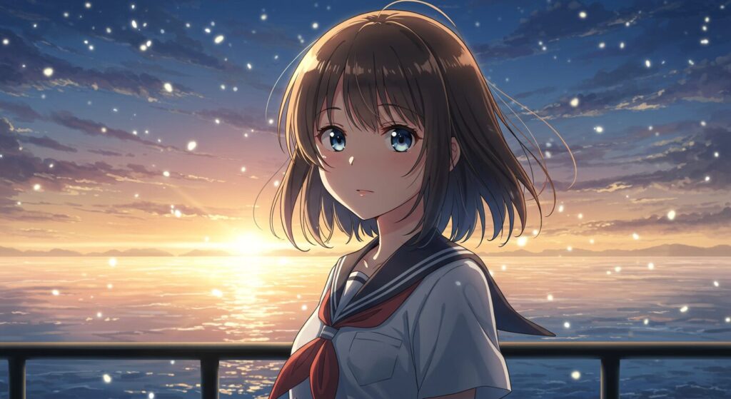 『明日の世界が君に優しくありますように』のまとめ画像。朝焼けの海を背景に、主人公・真波が希望に満ちた表情でこちらを見つめている表紙風のイラスト