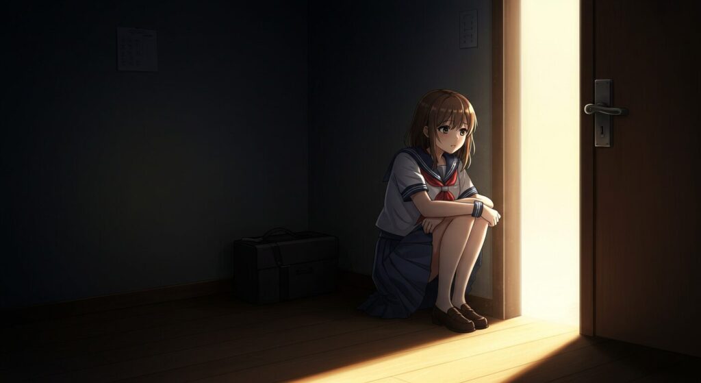 『明日の世界が君に優しくありますように』のテーマ「心の再生」を象徴する画像。暗い部屋にいる主人公・真波に、開いたドアから希望の光が差し込んでいる