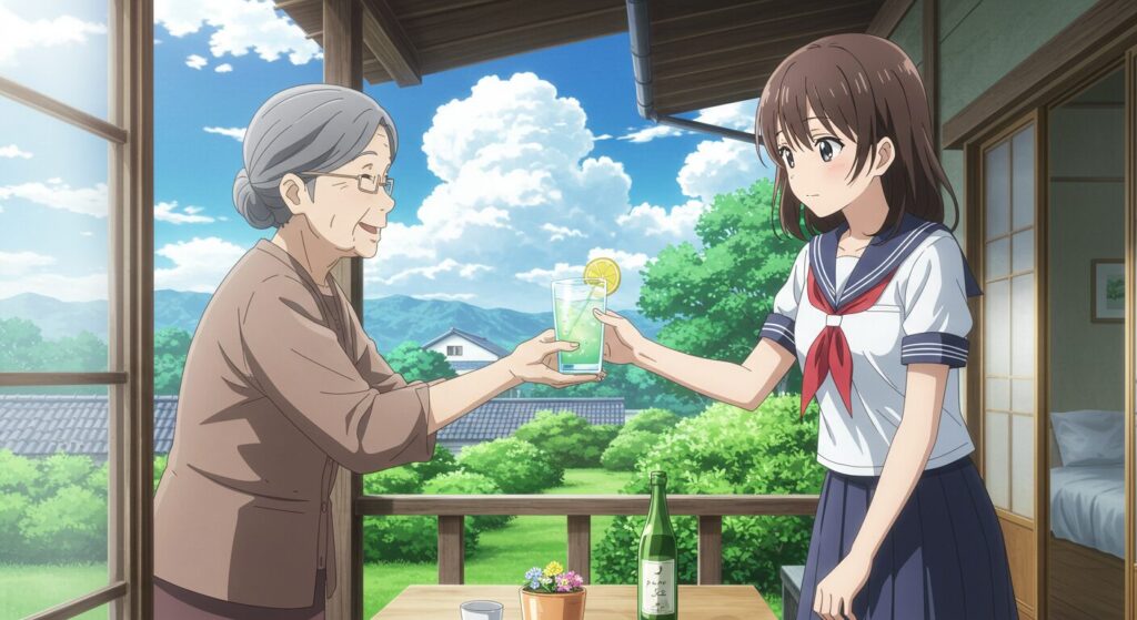 『明日の世界が君に優しくありますように』の優しい世界観を象徴する画像。祖母が縁側で主人公・真波に優しくカルピスを渡している