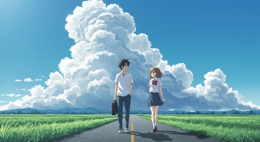 『イリヤの空、UFOの夏』の登場人物、浅羽直之と伊里野可奈。夏の田舎道を二人が並んで歩いている、切なくノスタルジックな雰囲気のイラスト