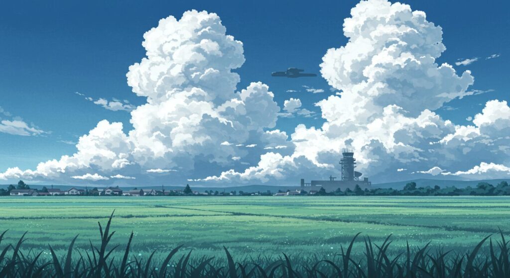 『イリヤの空、UFOの夏』の独特な空気感を象徴する画像。のどかな田舎町の風景の遠くに、不穏な軍事基地のシルエットが見える