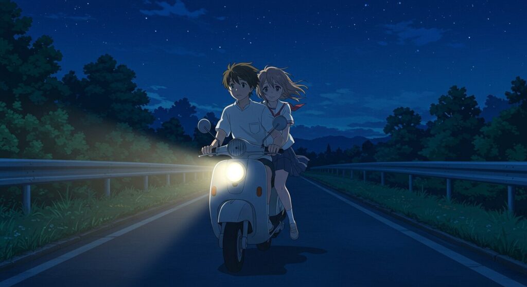 『イリヤの空、UFOの夏』の象徴的なシーン。夏の夜、少年が運転するスクーターの後ろに少女が乗っている