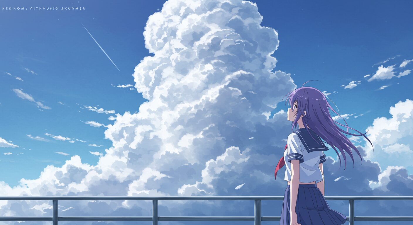 『イリヤの空、UFOの夏』のアイキャッチ画像。夏の入道雲が広がる空の下、中学校の屋上で空を見上げるセーラー服の少女、伊里野可奈。空には一筋の飛行機雲が描かれている