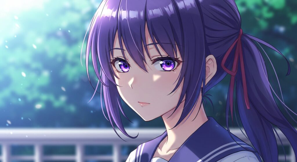 『イリヤの空、UFOの夏』のヒロイン、伊里野可奈の顔のクローズアップ。紫色の瞳でどこか遠くを見つめており、その表情はミステリアスな雰囲気を漂わせている