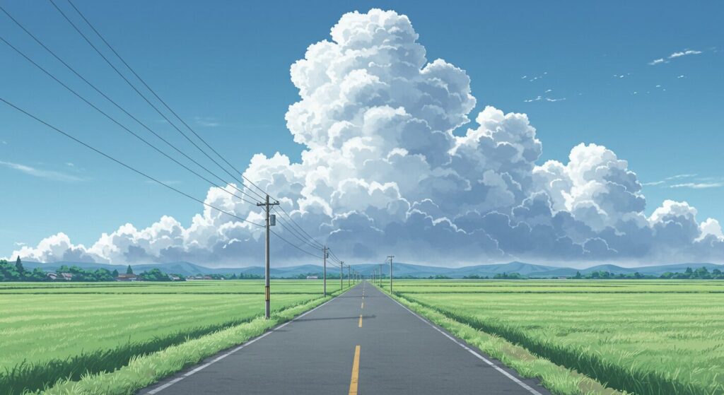 『イリヤの空、UFOの夏』のノスタルジーを象徴する画像。夏の陽炎が立つ、誰もいない田舎の一本道