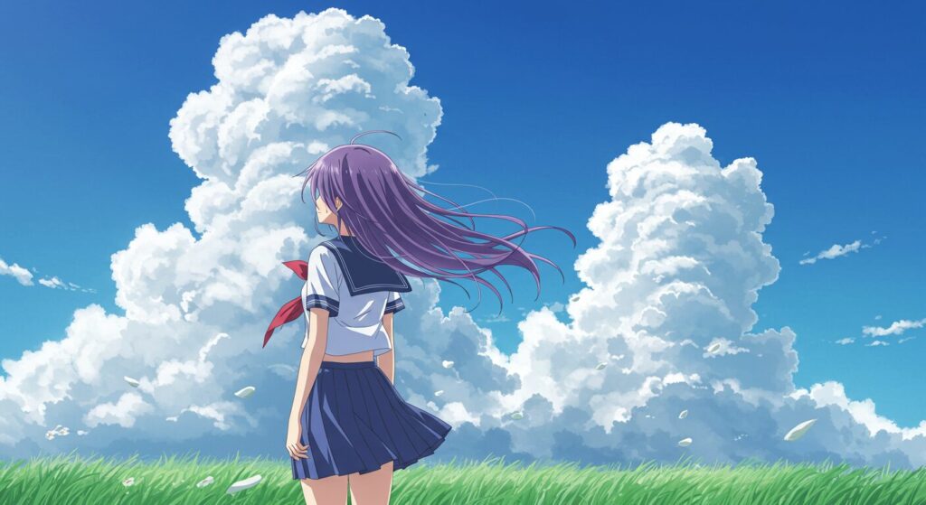 『イリヤの空、UFOの夏』を読むべき理由を象徴する画像。広大な夏の空の下、草原に一人立つセーラー服姿のヒロイン伊里野可奈の後ろ姿
