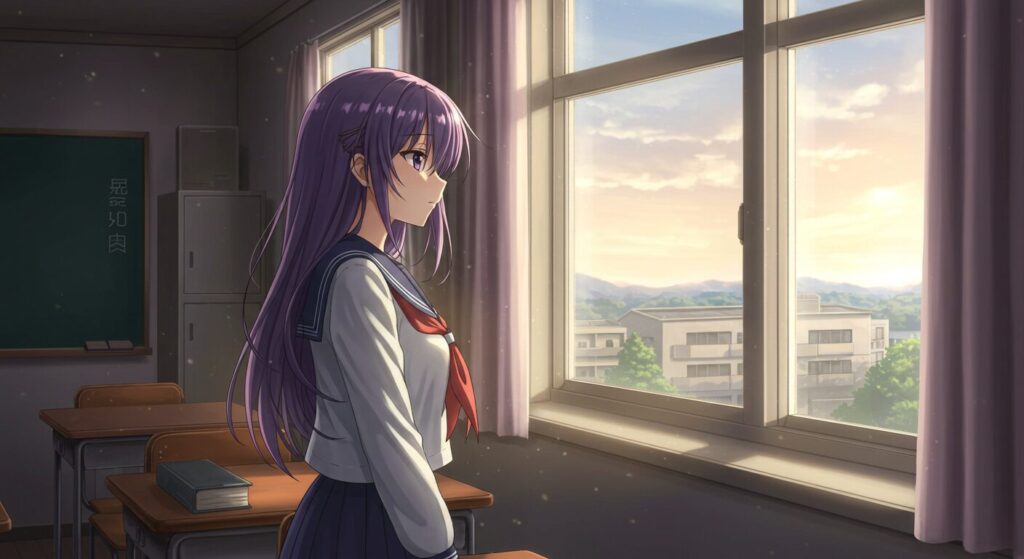 『イリヤの空、UFOの夏』の感想・評価セクションの画像。西日が差し込む放課後の教室で、セーラー服姿のヒロイン伊里野可奈が一人、窓の外を眺めている